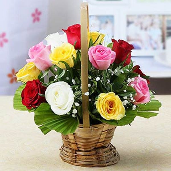 12 Mixed Roses Wicker Basket