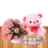 a Bouquet of 8 Pink Roses, with a Pink Teddy Bear and a box of Ferrero Rocher Chocolates