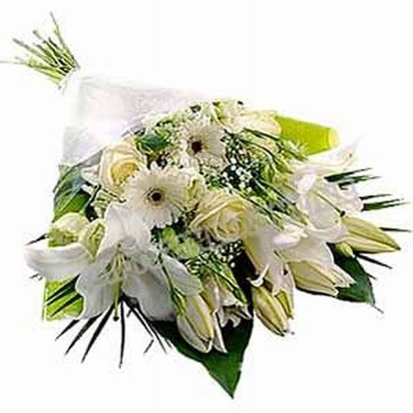6 white roses, 6 white gerberas and 2 stems of white lilies