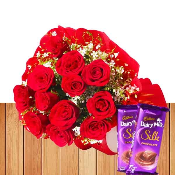 12 Red Roses with 2 Cadburys DairyMilk Silk Chocolates