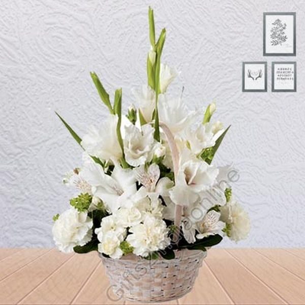 basket of 10 white Carnations and 6 white Gladiolus