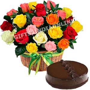 25 Mixed Roses Basket With Cake