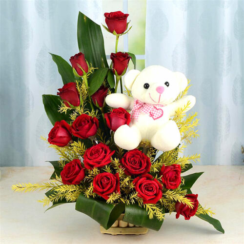 Red Roses Basket with Teddy