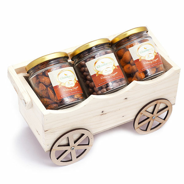 Natural Wooden Cart with Chocolate Coated Butterscotch, Crunchy Coated Cashews and Peri Peri Almonds Jars