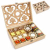 Natural Wood Carving Box Big with Assorted Bites 12 pcs, T-Lites, Chocolate Coated Almonds Jar and Paan Raisins Jar