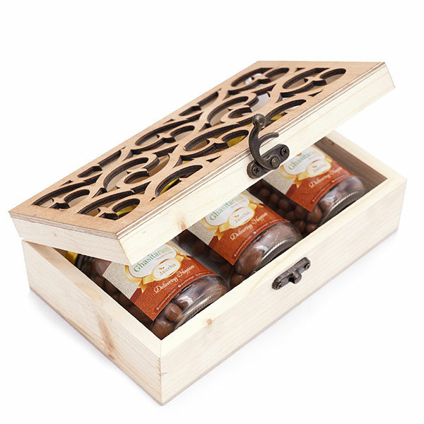 Natural Wood Carving Box with Chocolate Coated Almond, Chocolate Coated Butterscotch and Chocolate Coated Rasins