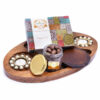 Chip n Dip Wooden Tray with T-lites, Coasters, Chocolate Almonds Jar And Assorted Bites Box