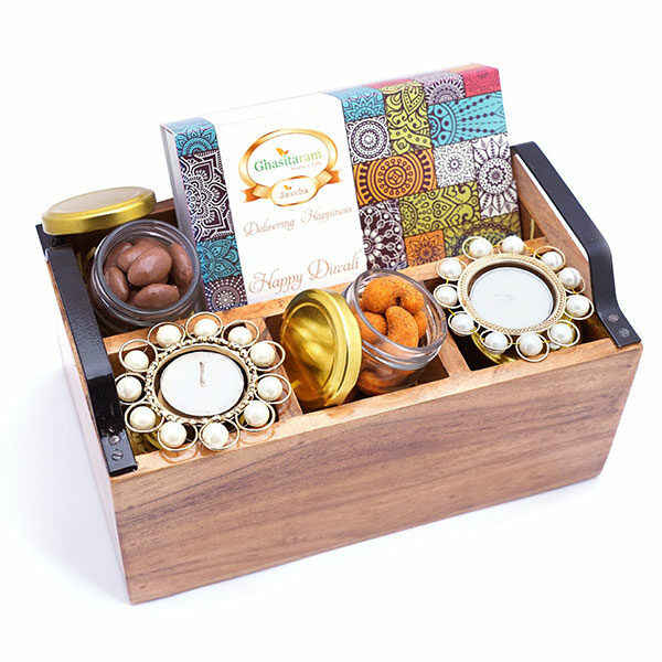 Wooden Cutlery Stand with T-lites, Bites, Crunchy Cashews, Chocolate Coated Almonds