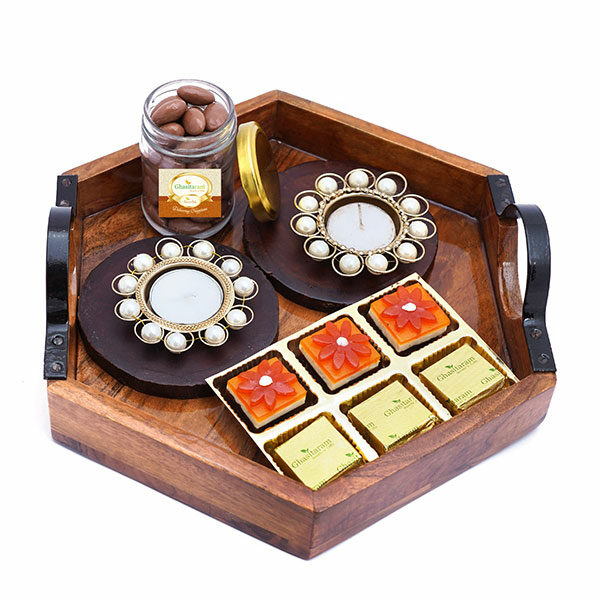 Hexagon Tray with 6 Assorted Bites, T-lites, Coasters and Chocolate Coated Almonds Jar