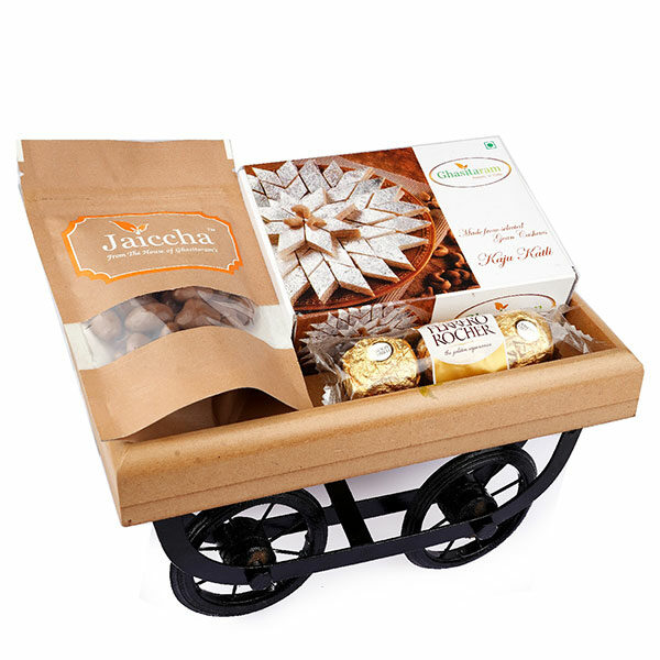 Wooden Cart of Kaju Katli ,Chocolate Coated Almonds and Ferrero Rochers