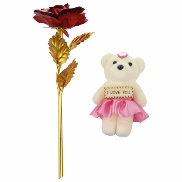 Gift Red Rose Flower With Golden Leaf With Luxury Gift Box