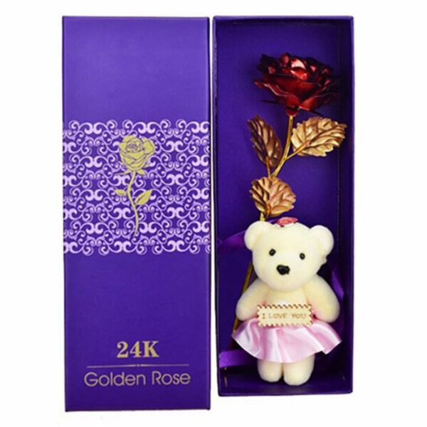 Gift Red Rose Flower With Golden Leaf With Luxury Gift Box