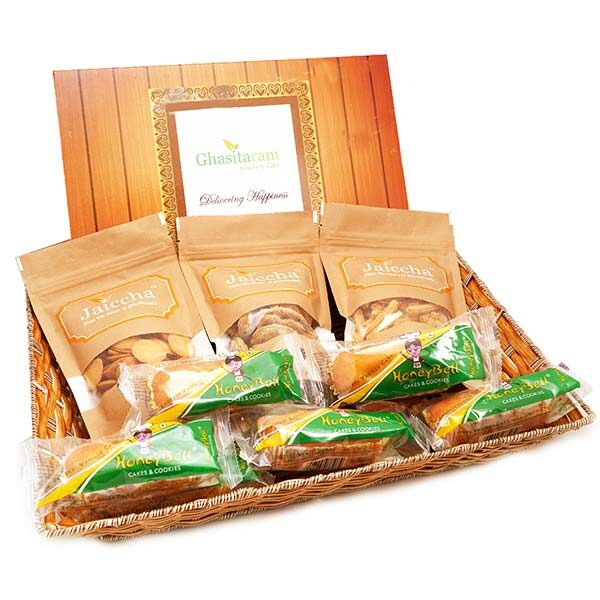 Brown Rectangle Basket of Assorted Gujiyas, Butter Chakli, Coin Biscuit, Methi Mathi and Cake